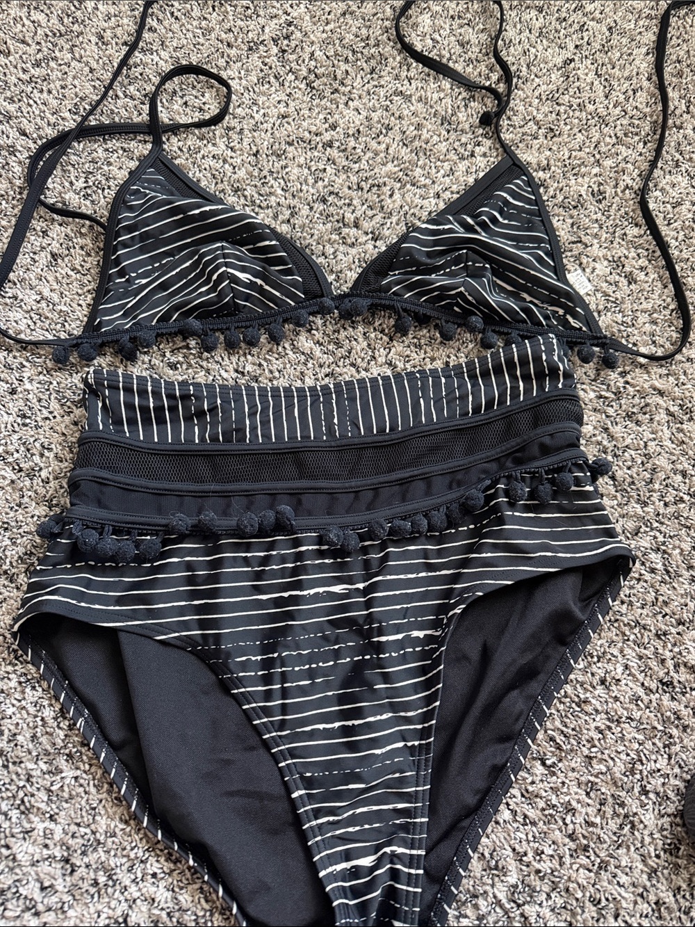 COCOSHIP Black & White Striped Pom-Pom Bikini Set